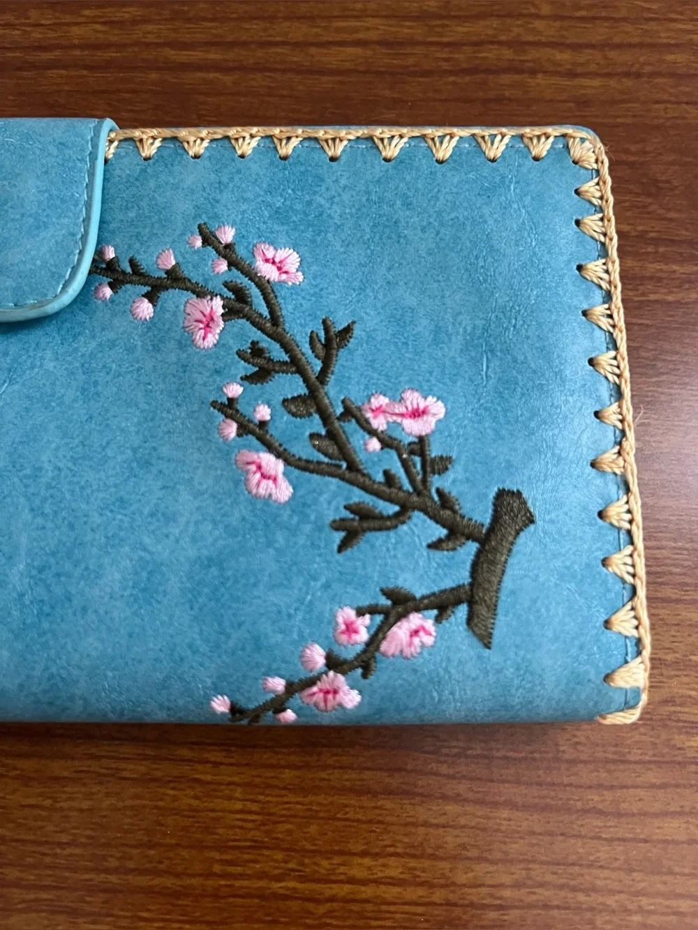 NWOT Sakura Embroidered Cherry Blossom Long Wallet Floral Clutch Woven Blue Snap